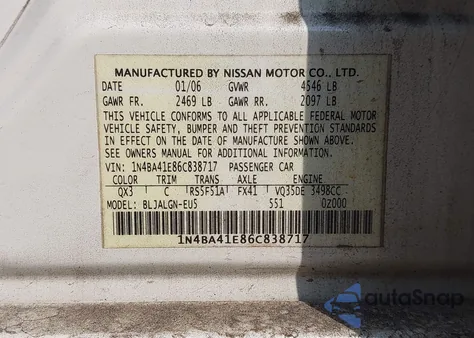 2006 Nissan Maxima 3.5 Sl из США, поврежденный, VIN 1N4BA41E86C838717